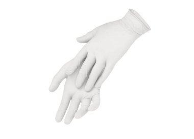 Beyaz arka planda elleri ile izole edilmiş iki beyaz tıbbi eldiven. Lastik eldiven üretimi, insan eli lateks eldiven giyiyor. Doktor ya da hemşire azot koruyucu eldiven takıyor.