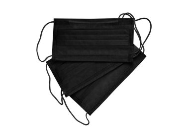 Siyah koruyucu yüz maskesi. Tek kullanımlık tıbbi maske beyaz arka planda izole edilmiş. Covid-19, kirlilik, korona virüsü ve grip koruma konsepti. Profesyonel cerrahi ekipman.