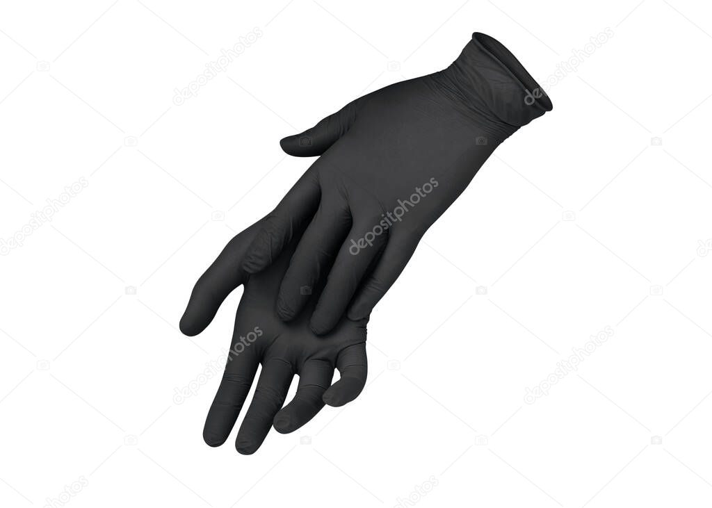 Medical nitrile gloves. Two black surgical gloves isolated on white background with hands. Rubber glove manufacturing, human hand is wearing a latex glove. Doctor or nurse putting on protective gloves
