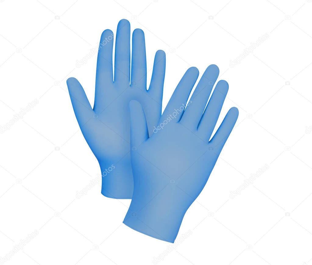 Medical nitrile gloves. Two blue surgical gloves isolated on white background with hands. Rubber glove manufacturing, human hand is wearing a latex glove. Doctor or nurse putting on protective gloves