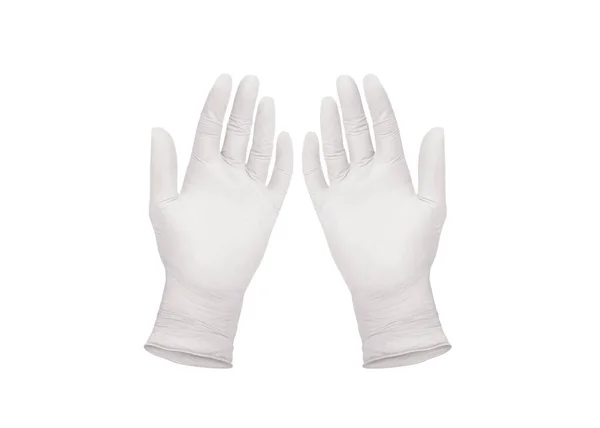 Два Белых Хирургических Перчатки Изолированы Белом Фоне Руками Изготовление Резиновых — стоковое фото
