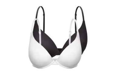 Beyaz ve siyah kadın sütyeni, beyaz arka planda izole edilmiş. Göğüs için sıkıştırılmış sütyen. Göğüs destek bandı. Zarif siyah şınav çeken kadın iç çamaşırları. Klasik pamuklu günlük sütyen.