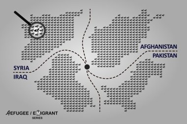 Mülteci ülkeler. İllüstrasyon, Afganistan, Suriye, Irak ve Pakistan haritalar içerir.