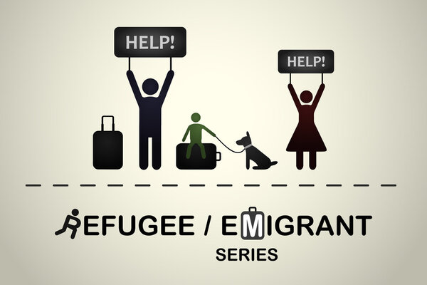 Family of refugees with a dog asking for help