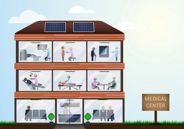 Mavi bir arka plan üzerinde modern bir bina şeklinde multidisipliner Kliniği.