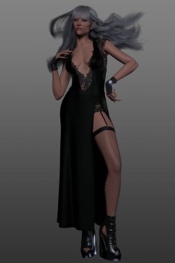 Sade bir arka planda duran, parlak siyah bir elbise giymiş, dalgalı gümüş saçlı, üç boyutlu bir elf kadın resmi..