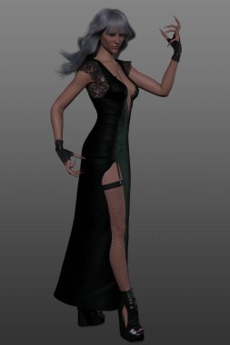 Sade bir arka planda duran, parlak siyah bir elbise giymiş, dalgalı gümüş saçlı, üç boyutlu bir elf kadın resmi..