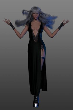 Sade bir arka planda duran, parlak siyah bir elbise giymiş, dalgalı gümüş saçlı, üç boyutlu bir elf kadın resmi..