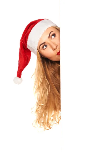 Papai Noel menina atrás da placa — Fotografia de Stock