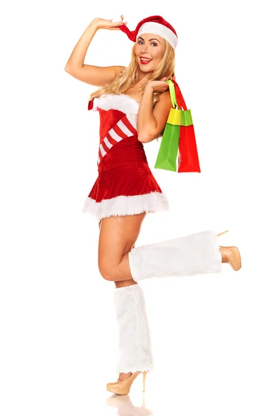 Santa Claus girl with purchases — Stock Photo, Image