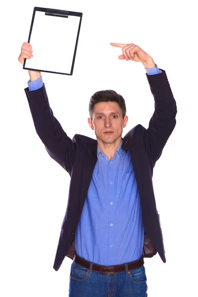 Empresário segurando uma placa branca em branco — Fotografia de Stock