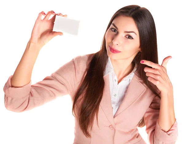 Woman holding credit card isolated on white background Royalty Free Stock Photos