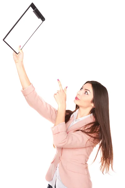 Young businesswoman holding clipboard on white background — Stock Photo, Image