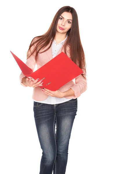 Geschäftsfrau mit Ordner auf weißem Hintergrund — Stockfoto