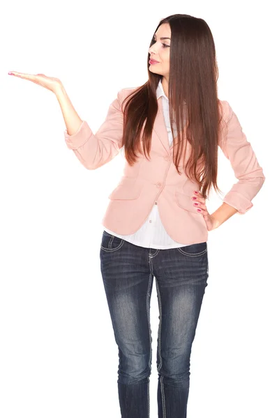 Senhora de jeans e blazer, isolado em branco — Fotografia de Stock