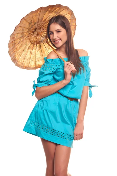 Girl in blue dress with umbrella isolate on white background — Stock Photo, Image