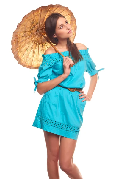 Girl in blue dress with umbrella isolate on white background — Stock Photo, Image