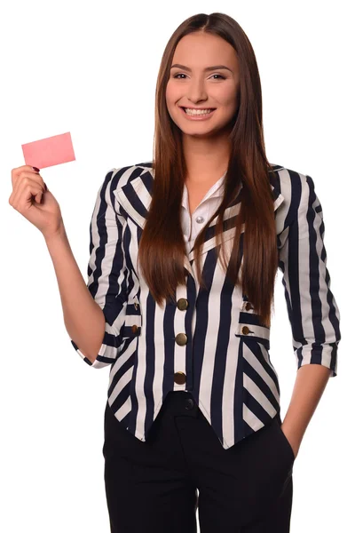 Office girl showing card isolated on a white background — Stock Photo, Image