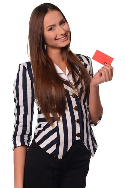 Oficina chica mostrando tarjeta aislado en un fondo blanco — Foto de Stock