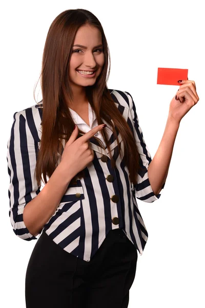 Oficina chica mostrando tarjeta aislado en un fondo blanco —  Fotos de Stock