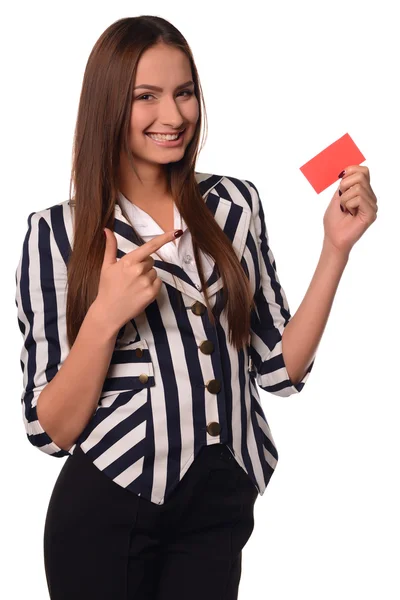 Ufficio ragazza mostrando scheda isolato su un bianco sfondo — Foto Stock