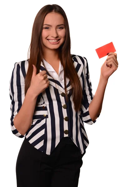 Ufficio ragazza mostrando scheda isolato su un bianco sfondo — Foto Stock