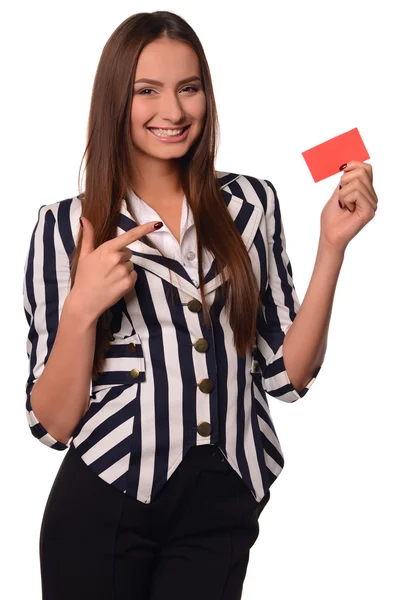 Ufficio ragazza mostrando scheda isolato su un bianco sfondo — Foto Stock