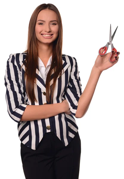 Office girl showing scissors isolated on a white background — Stock Photo, Image