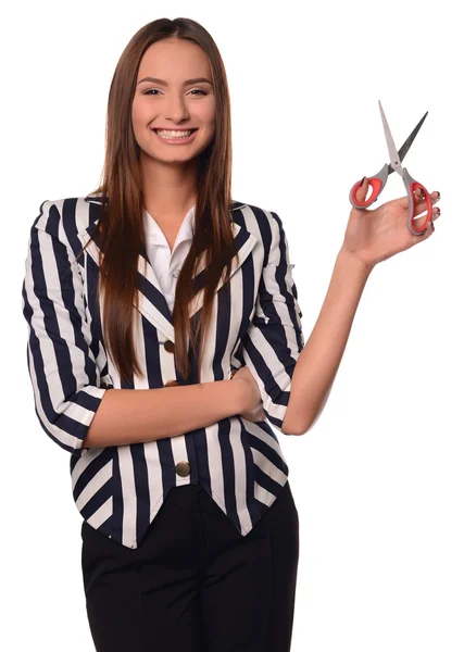 Escritório menina mostrando tesoura isolada em um fundo branco — Fotografia de Stock