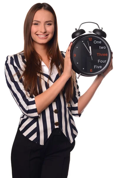 办公室女孩显示孤立在白色背景上的时钟 — 图库照片