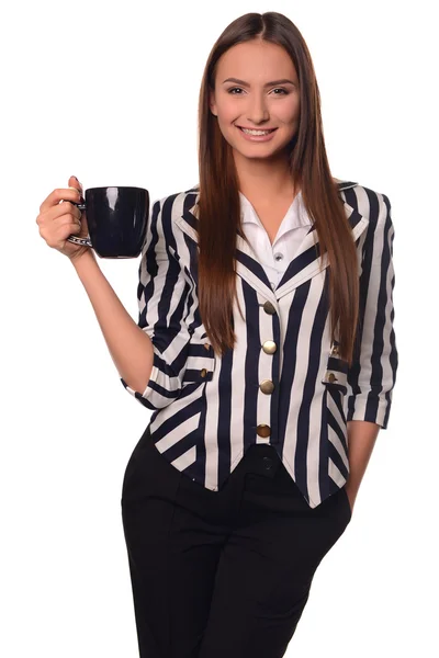 Office girl showing cup isolated on a white background — Stock Photo, Image