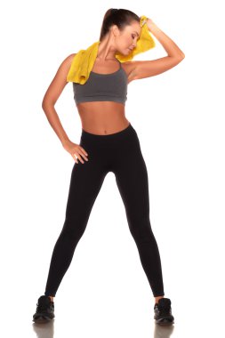 Fitness kadın spor stil ayakta izole beyaz arka plan karşı