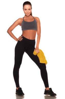 Fitness kadın spor stil ayakta izole beyaz arka plan karşı