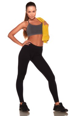 Fitness kadın spor stil ayakta izole beyaz arka plan karşı