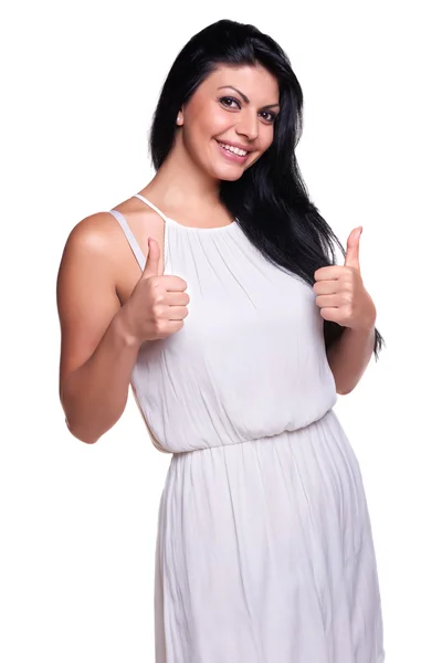 Jovem mulher em um vestido de verão branco isolado sobre branco — Fotografia de Stock