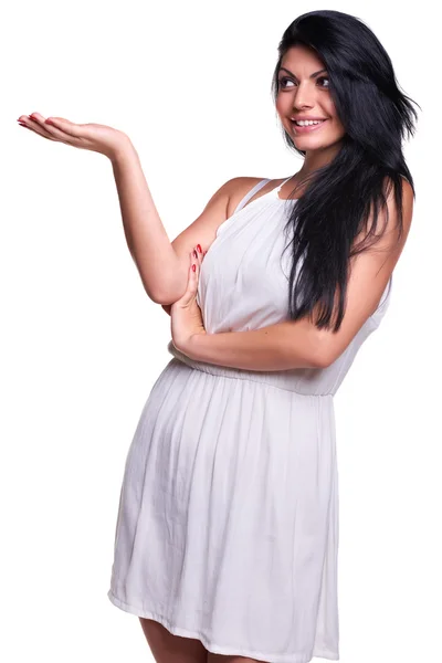 Young woman in a white summer dress isolated over white — Stock Photo, Image