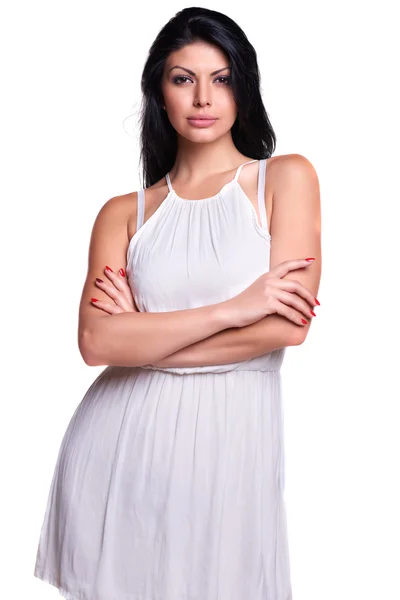 Young woman in a white summer dress isolated over white — Stock Photo, Image