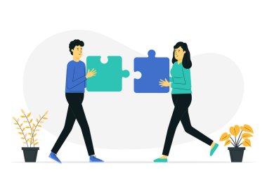 İşbirliği konsepti çizimi. İş konsepti. Yapboz elementlerini birbirine bağlayan iki kişi. Vektör illüstrasyon düz tasarım biçimi.