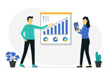 İş planı çizimi. İş konsepti. İki kişi bir çizelgeye göre iş yapmayı planlıyor. Vektör illüstrasyon düz tasarım biçimi.