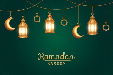 İslam geçmişi Ramazan 'a, Kurban Bayramı' na, Kurban Bayramı 'na uygun. Gerçekçi 3D fener dekorasyonlu Ramazan kareemi.