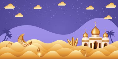 Çölün ortasında cami ile kağıt kesimi İslami arka plan. İslam geçmişi Ramazan, Kurban Bayramı, Kurban Bayramı için uygundur..