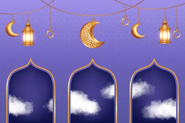 Роскошный Исламский Фон Реалистичными Трехмерными Облаками Украшениями Золотого Полумесяца Исламский — стоковый вектор