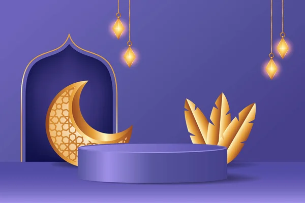Исламская Дисплей Подиум Украшения Фиолетовом Фоне Реалистичными Золотистый Полумесяц Висячие — стоковый вектор