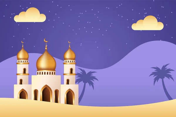 Ісламське Походження Мечеттю Посеред Пустелі Ісламське Походження Підходить Рамадан Ейд — стоковий вектор