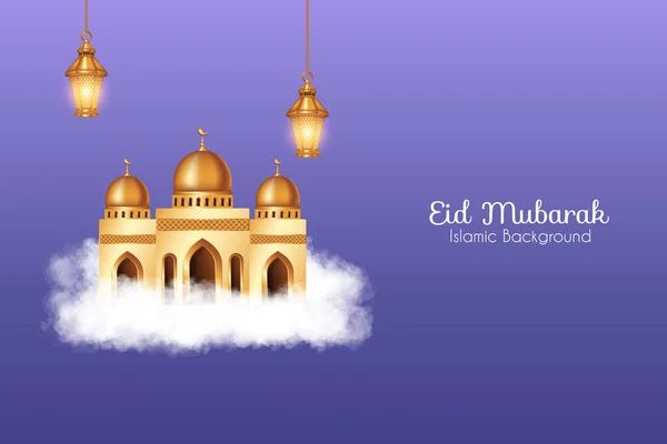 Eid Mubarak Bakgrund Med Realistiska Moln Gyllene Moské Och Dekorationer — Stock vektor