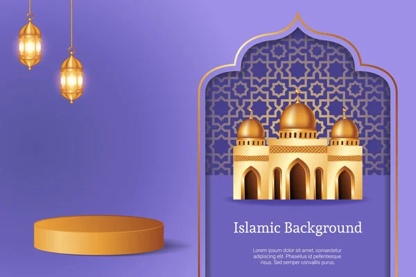 Luxusní Displej Pódium Dekorace Purpurovém Pozadí Realistickou Mešitou Zlatý Srpek — Stockový vektor
