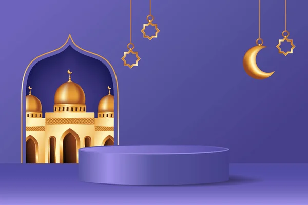 Pantalla Islámica Decoración Podio Fondo Púrpura Con Mezquita Realista Luna — Vector de stock