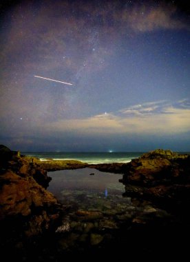 Celestial silhouette, infinity, cosmos, night, moonlight, sky, ocean, beach, colorful