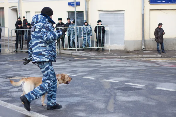 Policista se psem na akci opozice — Stock fotografie