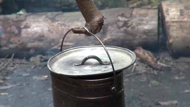 Old camp pot hanging over the fire — Stock Video